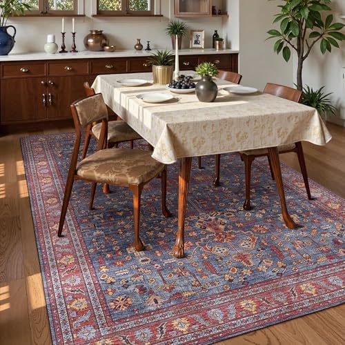 Washable Area Rug 6' x 9' Vintage Traditional Persian Mat - Foldable Distressed Non-Slip Machine Washable Carpet for Living Room Bedroom Kitchen Home Decor - Indigo and Crimson
