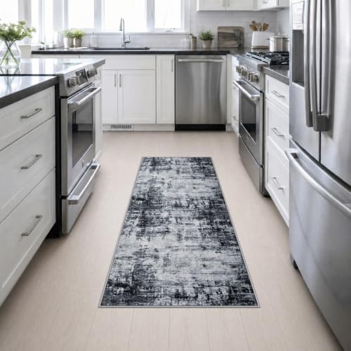2x6 Washable Runner Rug：Modern Abstract Soft Carpet Dark Black