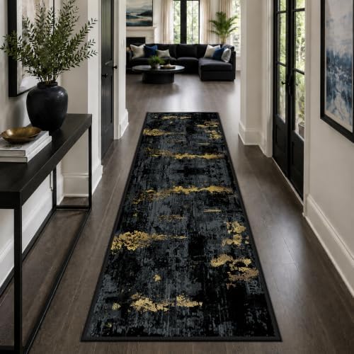 RELEANY Washable Runner 2'x8' Abstract Area Rug for Hallway Black Gold