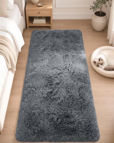 OLANLY 2x5 Machine Washable Runner Rugs for Hallway, Soft Fluffy Shaggy Bedside Rugs for Bedroom, Living Room, Indoor Floor Carpet for Kids Girls and Boys, Nursery Rooms, Home Decor Aesthetic, Grey