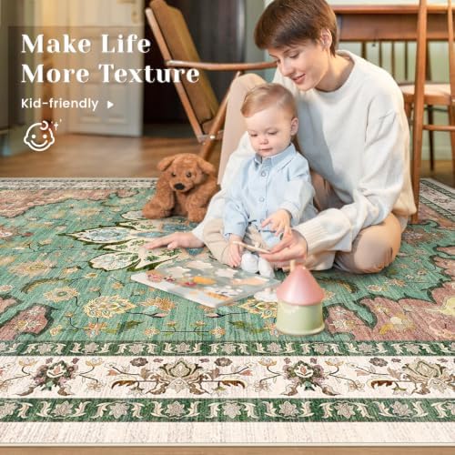 9x12 Area Rugs for Living Room: Washable Large Vintage Floral Rug Low Pile Non-Slip Boho Carpet for Bedroom Dining Home Office (RedGreen, 9'x12')