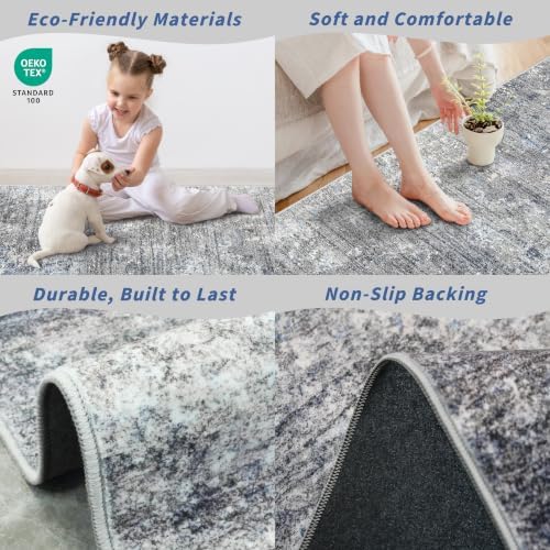 10x10 Square Living Room Rug – Washable Modern Abstract Large Rug for Bedroom, Dining Room, Playroom – Non-Slip Low-Pile Thin Indoor Floor Carpet (Blue Grey,10x10)