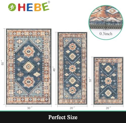 HEBE Boho Kitchen Rugs Set of 3, Non Slip Washable Kitchen Mats for Floor
