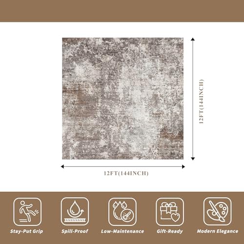 12x12 Square Living Room Rug – Modern Abstract Neutral Extra Large Washable Non-Slip Low-Pile Indoor Carpet for Bedroom, Dining Room, Playroom (Brown Beige,12x12)