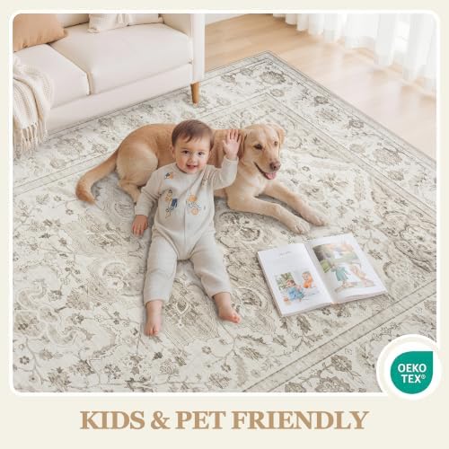 4x6 Washable Area Rugs for Bedroom Beige White Non-Slip Rug