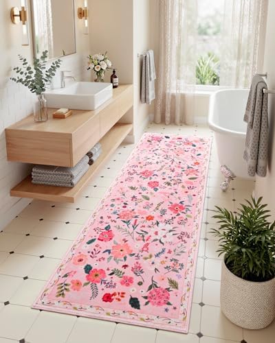 Macgace Floral Area Rug for Kitchen, Washable 2x6 Pink Runner Rugs