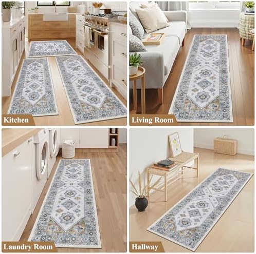 HEBE Boho Kitchen Rugs Set of 3, Non Slip Washable Kitchen Mats for Floor