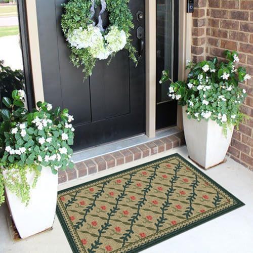 Front Door Mat Outside Entrance, 2x3 Green Brown Floral Trellis Rug