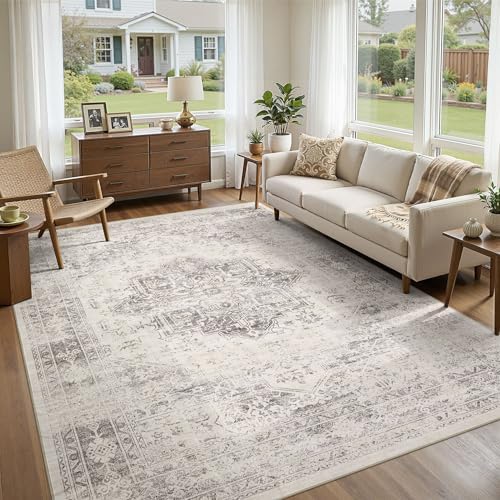 UERMEI 9x12 Area Rug Living Room Rugs - Washable Vintage Soft Large Rug Indoor Floor No Slip Rug Carpet for Bedroom Farmhouse Under Dining Table Home Office Decor - Beige/Camel