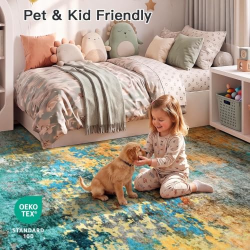 8x10 Area Rug for Living Room, Abstract Washable Large Rugs, Teal/Orange