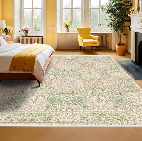 Hazo Haus Light Beige Green Living Room Rug, 6x8 Washable Area Rug for Kids Room, Bedroom, Nursery Room, Living Room, Dining Room, Low Pile Non-Slip - Vintage Design & Stain Resistance
