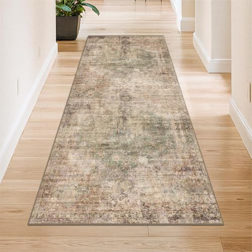 Vintage 2x5 Runner Rugs for Indoor Entryway, Washable Farmhouse Kitchen Rugs, Entryway Indoor Runner for Bathroom, Green and Brown Home Office Floor Rug, Non-Slip Stain Resistant, Distressed Design
