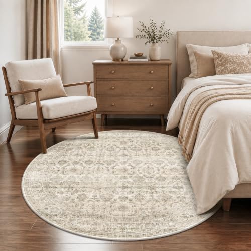 JOOJA 5x5 Beige Vintage Soft Low Pile Washable Boho Round Living Room Rug