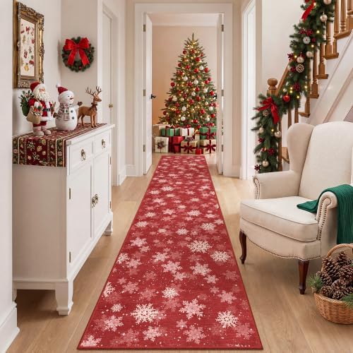 2x10 Christmas Runner Rug for Hallway,Washable Kitchen Rugs,Red