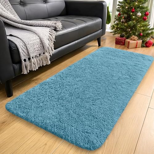 OLANLY 2x4 Machine Washable Runner Rugs for Hallway, Soft Fluffy Shaggy Bedside Rugs for Bedroom, Living Room, Indoor Floor Carpet for Kids Girls and Boys, Home Decor Aesthetic, Slate Blue