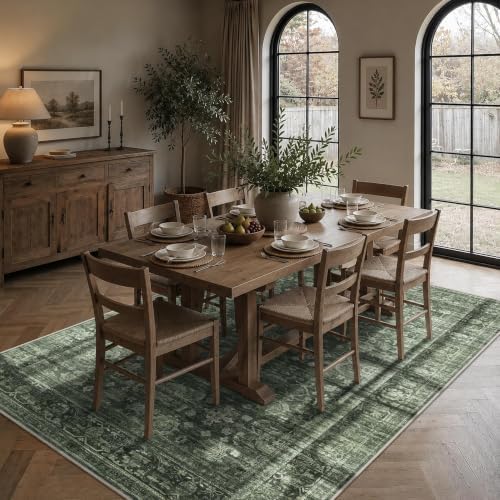 JOOJA 5x7 Dark Green Vintage Washable Soft Low Pile Living Room Area Rug