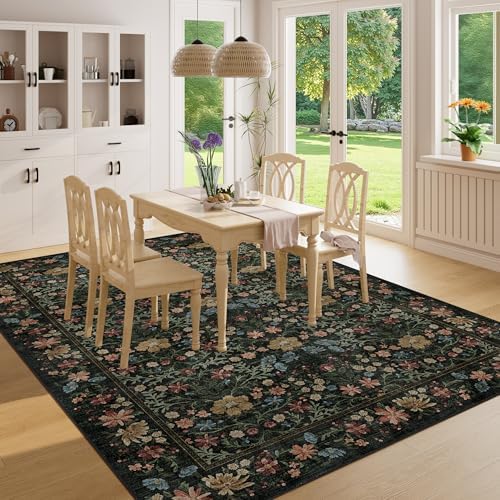 DUKINO 6x9 Area Rug, Vintage Floral Washable Rugs for Living Room, Black