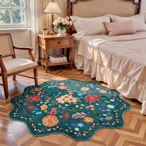 Macgace Floral Round Rug for Girls Bedroom, Washable 4ft Green Area Rugs