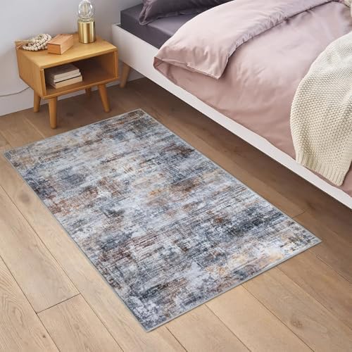 IOHOUZE Small Abstract Area Rug 2x3 Ft Entryway Rugs Washable Door Mat Indoor Entrance, Rubber Backed Throw Rugs, Printed Faux Wool Non Slip Floor Carpet for Foyer Front Door Sink, Orange Grey