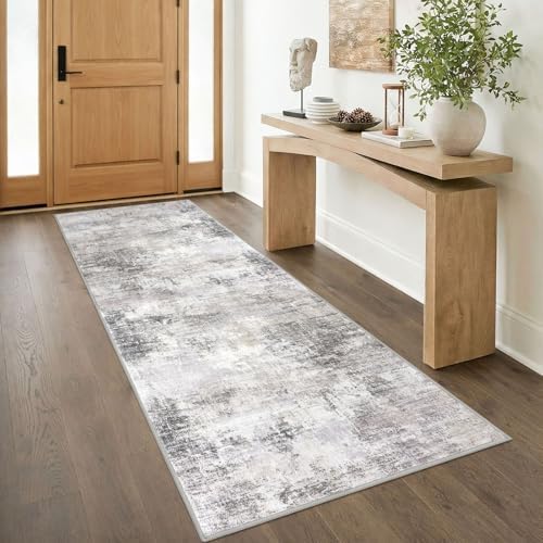IOHOUZE Abstract Runner Rug 3x8 Ft Washable Runners for Hallways, Non Slip Kitchen Runner Printed Faux Wool Entryway Runner Indoor, Modern Abstract Floor Carpet for Hall Bedroom, Grey Beige