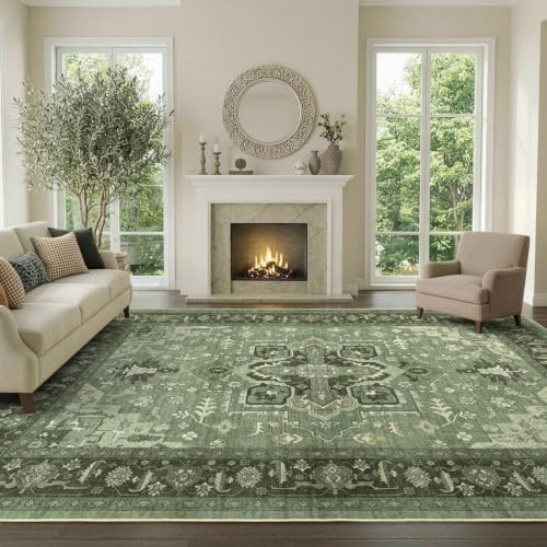 8x10 Ft Large Area Rugs for Living Room, Soft Non-Slip Machine Washable Rug, Vintage Stain Resistant Carpets for Bedroom Nursery Dining Room Home Decor (Green)