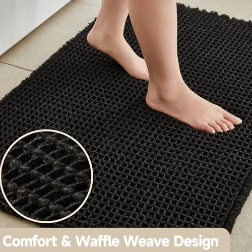 TYUU Black Waffle Bath Mat, Small Boho Bathroom Rugs Non Slip 24x16