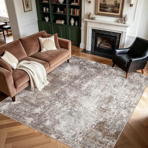Square Area Rug 6x6 Washable – Non Slip Modern Abstract for Kitchen Dining Room Living Room – Low Pile Thin Soft Indoor Rug (Brown Beige, 6ft)