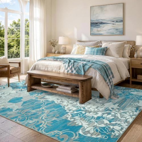 9x12 Washable Non-Slip Area Rug for Living Room (Blue)
