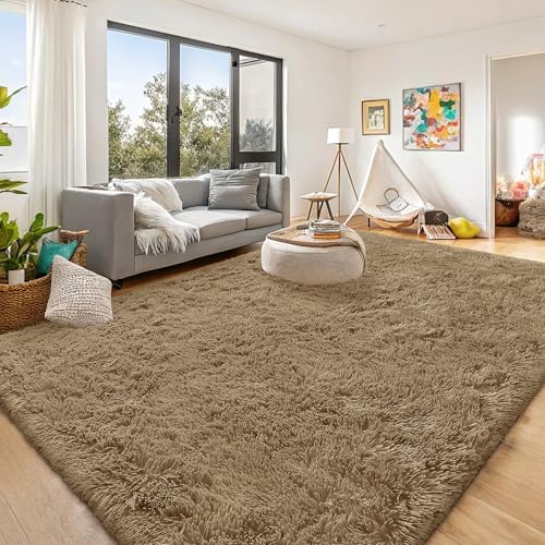 OLANLY 9x12 Machine Washable Large Area Rugs for Living Room, Bedroom, Soft Fluffy Shaggy Bedside Rug, Indoor Floor Carpet for Kids Girls and Boys, Dorms, Nursery, Home Decor Aesthetic, Taupe