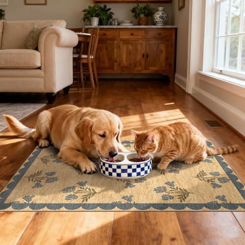 Front Door Mat Outside Entrance - 2x3 Jute-Look Blue Floral Rug
