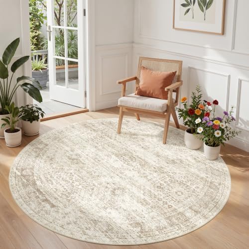 Round Rug 6ft,Circle Rug for Dining Room Table,Beige