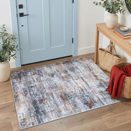 IOHOUZE Abstract Area Rug 3x4 Ft Washable Rugs for Entryway Indoor, Non Slip Kitchen Rug Printed Faux Wool Throw Rugs, Indoor Door Mat for Door Entrance Foyer Living Room, Orange Grey
