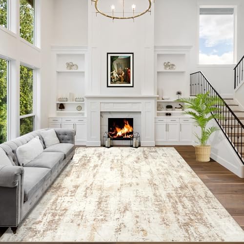 9x12 Area Rugs for Living Room: Washable Abstract Beige Grey Bedroom Carpet