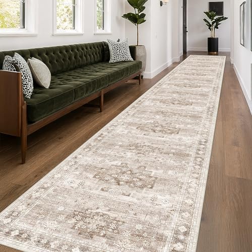 Hazo Haus Washable 3x20 Extra Long Runner Rug for Hallway, Waterproof Large Kitchen Floor Rug, Non-Slip Stain & Fade Resistant, Vintage Farmhouse Floral Décor (3x20 Beige/Latte)