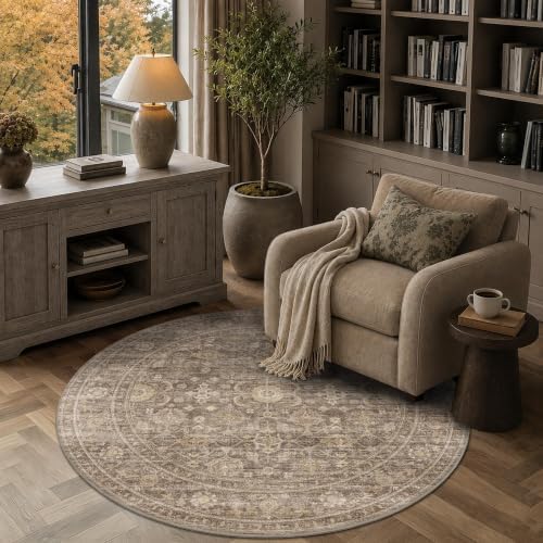 JOOJA 4x4 Tan Vintage Soft Low Pile Washable Boho Small Round Kitchen Rug