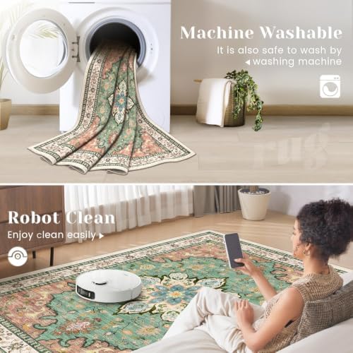 8x10 Area Rugs for Living Room: Washable Large Vintage Floral Rug Low Pile Non-Slip Boho Carpet for Bedroom Dining Home Office (RedGreen, 8'x10')