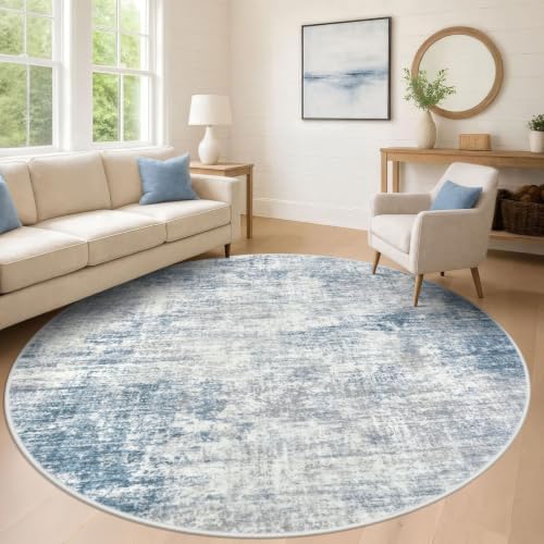 IOHOUZE Abstract Round Area Rug 8 Ft Washable Circle Rugs Large Round Rug Non Slip Thin Soft Circle Rugs, Printed Faux Wool Floor Carpet for Bedroom Living Room Dining Room Nursery, Light Blue Grey