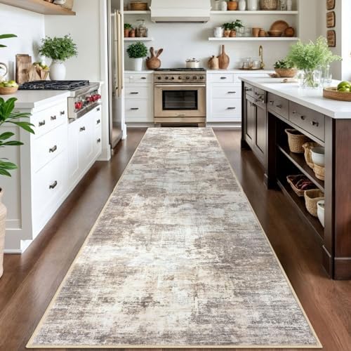 IOHOUZE Abstract Runner Rug 3x14 Ft Washable Runners for Hallways, Non Slip Kitchen Runner Printed Faux Wool Entryway Runner Indoor, Modern Abstract Floor Carpet for Hall Stair, Beige Brown