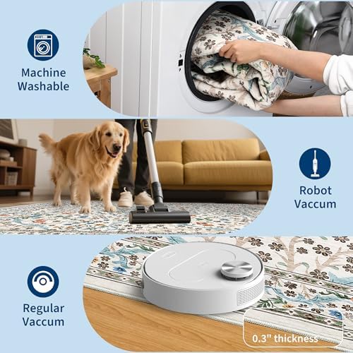 GarveeHome Washable Rug for Living Room, 9x12 Large Area Rug for Dining Room Under Table, Bedroom, Floral Soft Low Pile Non Slip Stain Resistant Carpet for Nursery, Playroom, Office, Beige