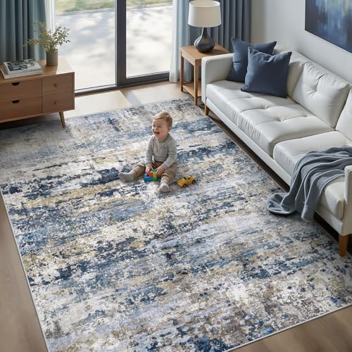 pmtsns Area Rugs 6x9 for Living Room: Washable Rug Modern Abstract Neutral Soft Non-Slip Low-Pile Indoor Carpet for Bedroom Dining Room Playroom Home Office (Blue Grey Brown, 6'x9')