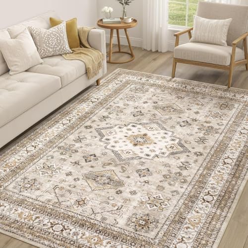 cotiled 5x8 Area Rug for Living Room, Washable, Traditional, Beige
