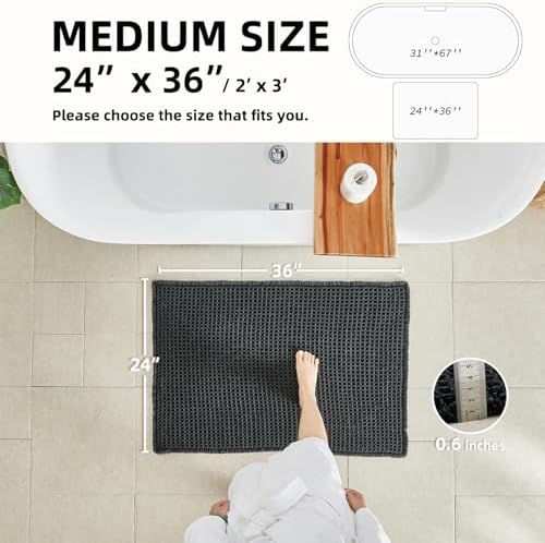 TYUU Black Waffle Bath Mat, Boho Bathroom Rugs Non Slip Washable, 36x24