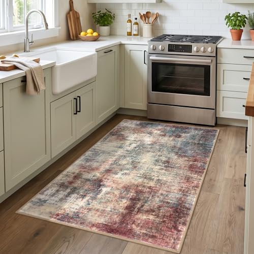 IOHOUZE Abstract Area Rug 3x4 Ft Washable Rugs for Entryway Indoor, Non Slip Kitchen Rug Printed Faux Wool Throw Rugs, Indoor Door Mat for Door Entrance Foyer Living Room, Red/Multi