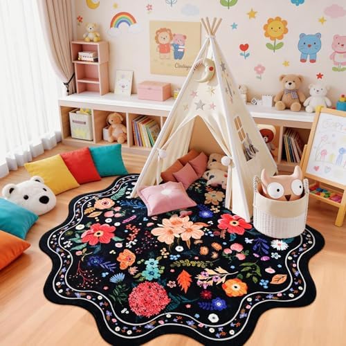 Macgace Floral Round Rug for Girls Bedroom, Washable 5ft Black Area Rugs