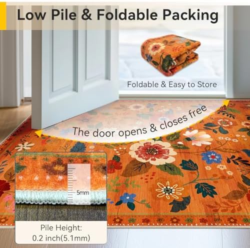 RELEANY Floral Washable 8x10 Area Rugs BurntOrange