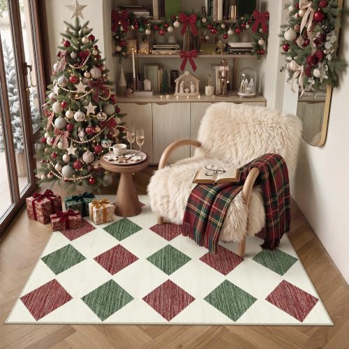 PureCozy Christmas Area Rug 3x5 for Living Room Checkered Modern Red Carpet