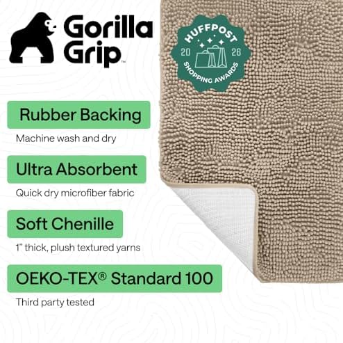 GORILLA GRIP Bath Rug Mat for Bathroom, Absorbent Chenille 70x24 Gray Beige