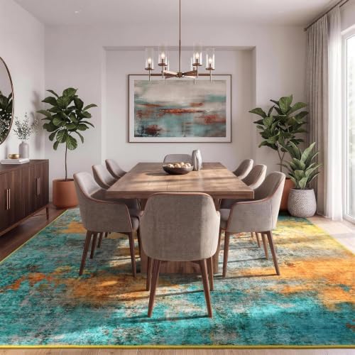 8x10 Area Rug for Living Room, Abstract Washable Large Rugs, Teal/Orange