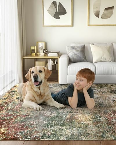 Washable Area Rug for Living Room: 9x12 Modern Abstract Neutral Soft Rug for Bedroom Dining Room No Slip Low Pile Carpet for Nursery Home Office - Red/Ivory