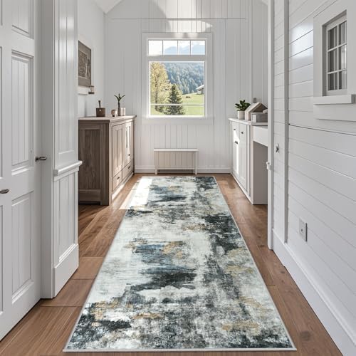 Aelenmu Runner Rugs for Hallways Kitchen 2.6x8 Non Slip Washable Black Gold